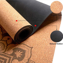 Load image into Gallery viewer, This image shows that our mats are made from natural rubber and organic cork. Zenful Cork Yoga mats are sustainable, eco-friendly, non-toxic, and non-slip. These mats are high quality and perfect for hot yoga. We are a Canadian woman-owned company, and all our mats are forest stewardship council certified.